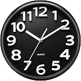 Plumeet 10'' Black Wall Clock, Small Battery Operated Wall Clocks Silent Non-Ticking Quartz, Modern Style Suitable for Bedroo