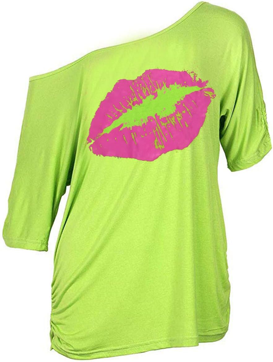 MAGICMK Women Casual Plus Size Sexy Lips Print Off Shoulder T-Shirt Tops