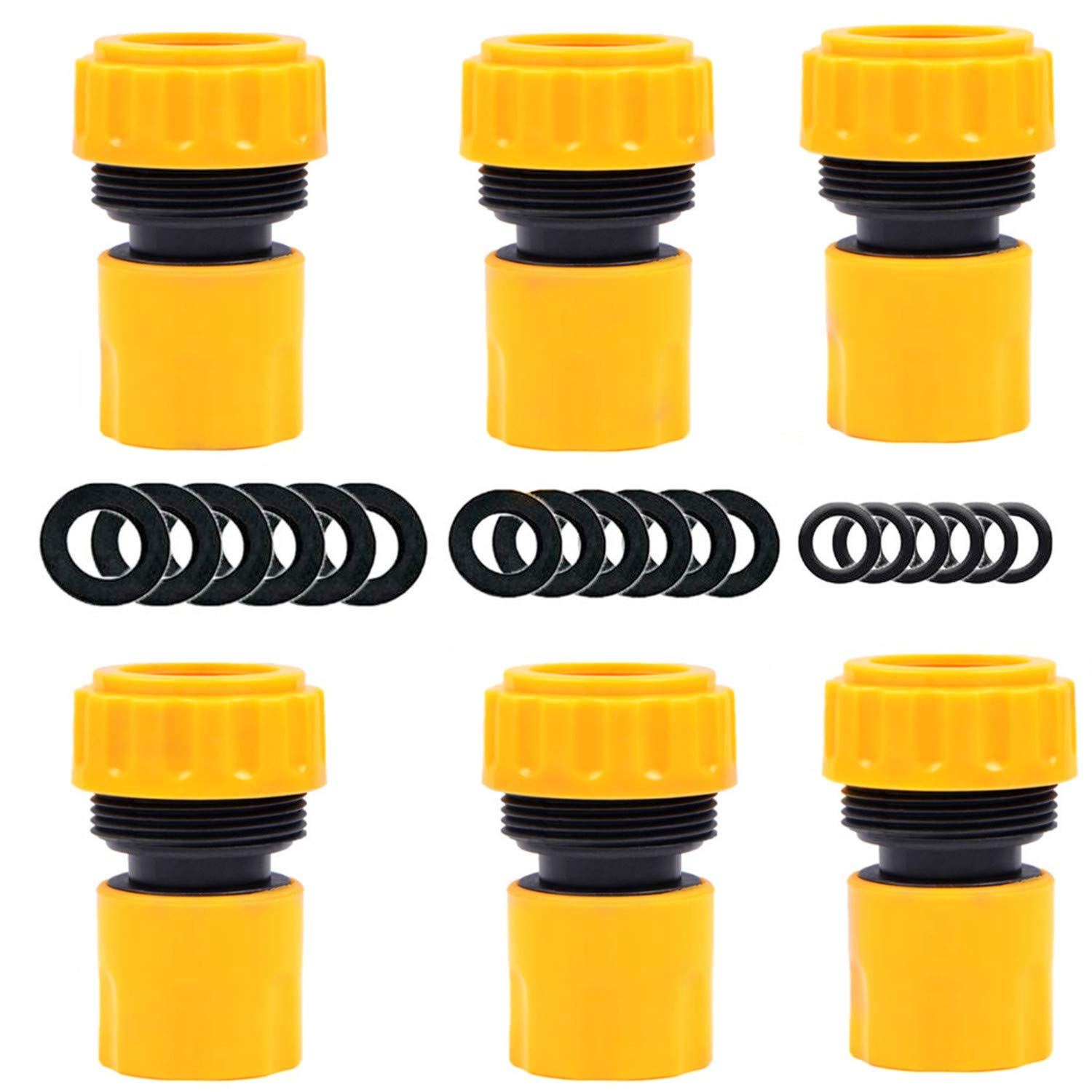 YAAVAAW 6 Pack Hose End Connector - Hose Pipe End Quick Connect Fitting for 19mm 3/4 inch Hosepipe Tap End Quick Connector (Comes with 18pcs Replacing Seals Washers)
