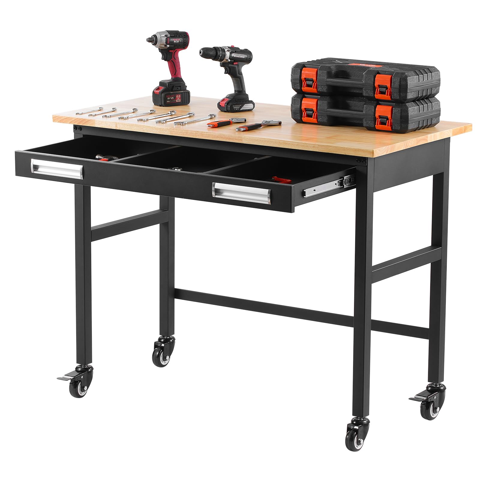 Photo 1 of VEVOR Workbench, 48-inch Garage Workbench with Drawer Storage & Wheels, 1500 lbs Load Capacity Workshop Bench on Wheels, Heavy Duty Oak Wood Top Work Table for Garage, Workshop, Office, and Home
