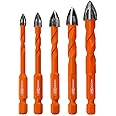 BGTEC Diamond Cemented Carbide Drill Bits Masonry Drill Bits, 5pcs Quick-fit Shank 5/6/8/10/12MM Cross Spiral Hard Alloy Dril