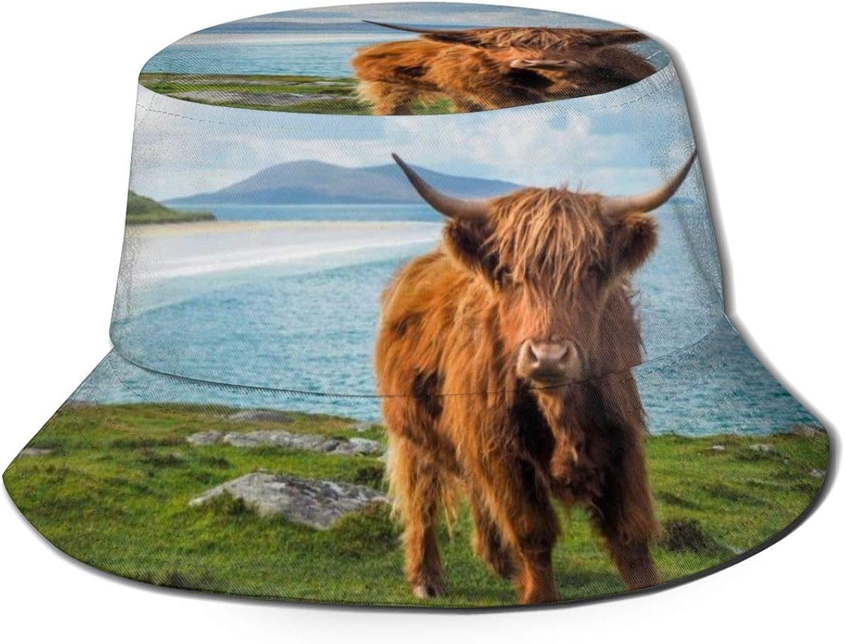 MeiyaDesign Unisex Bucket Hat,Highland Cow by The Sea Fisherman Hats