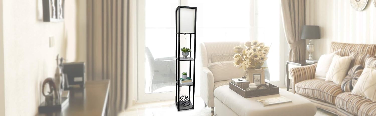 Simple Designs Home LF1014-BLK Etagere Organizer Storage Shelf Linen Shade Floor Lamp, Black - - 