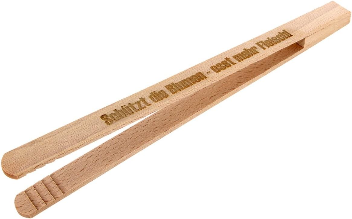 Engraved Barbecue Tongs 30 cm with Engraving Made From Beechwood with Motto "Schützt die Blumen esst mehr Fleisch" (protect the flowers eat more meat)