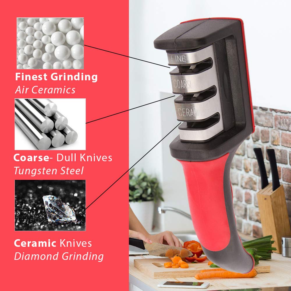 Stainless Steel Kitchen Knife Sharpener 3-in-1 for Straight and Serrated Knives, 3 Stage Manual Sharpener- Ceramic, Coarse& Finest Grinding, Easy Ergonomic Design with Non-Slip Base