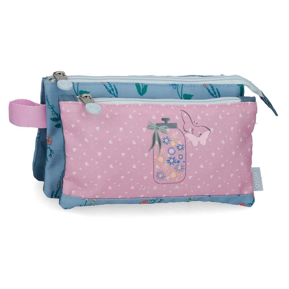 Enso We Love Flowers Triple Pencil Case Pink 22 x 12 x 5 cm Polyester Pink Triple Case, Pink, Triple case