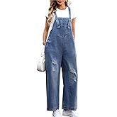 Vidifid Women's Loose Adjustable Strap Denim Bib Overalls Jeans Distressed Ripped Wide Leg Baggy Overall Jumpsuit