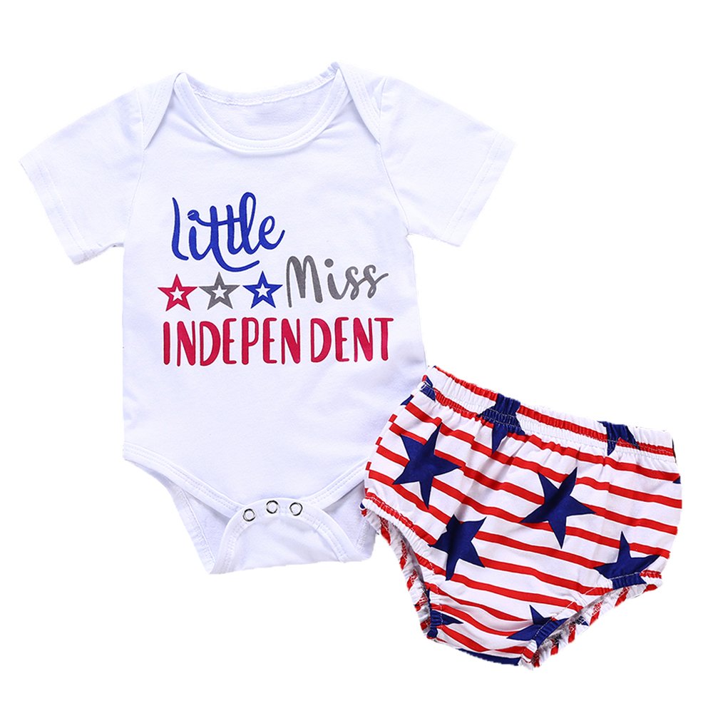 4th of July Newborn Baby Girl Romper Bodysuits Pompom Tassel Balls + Headband 2Pcs