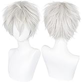 ANOGOL Hair Cap+ Short White Wig for Men Silver White Men's Cosplay Wig Short Silver Mixed White Anime Wigs with Bangs Ivory Hair Straight Fluffy Silvery Halloween Wigs Christmas Party Costume