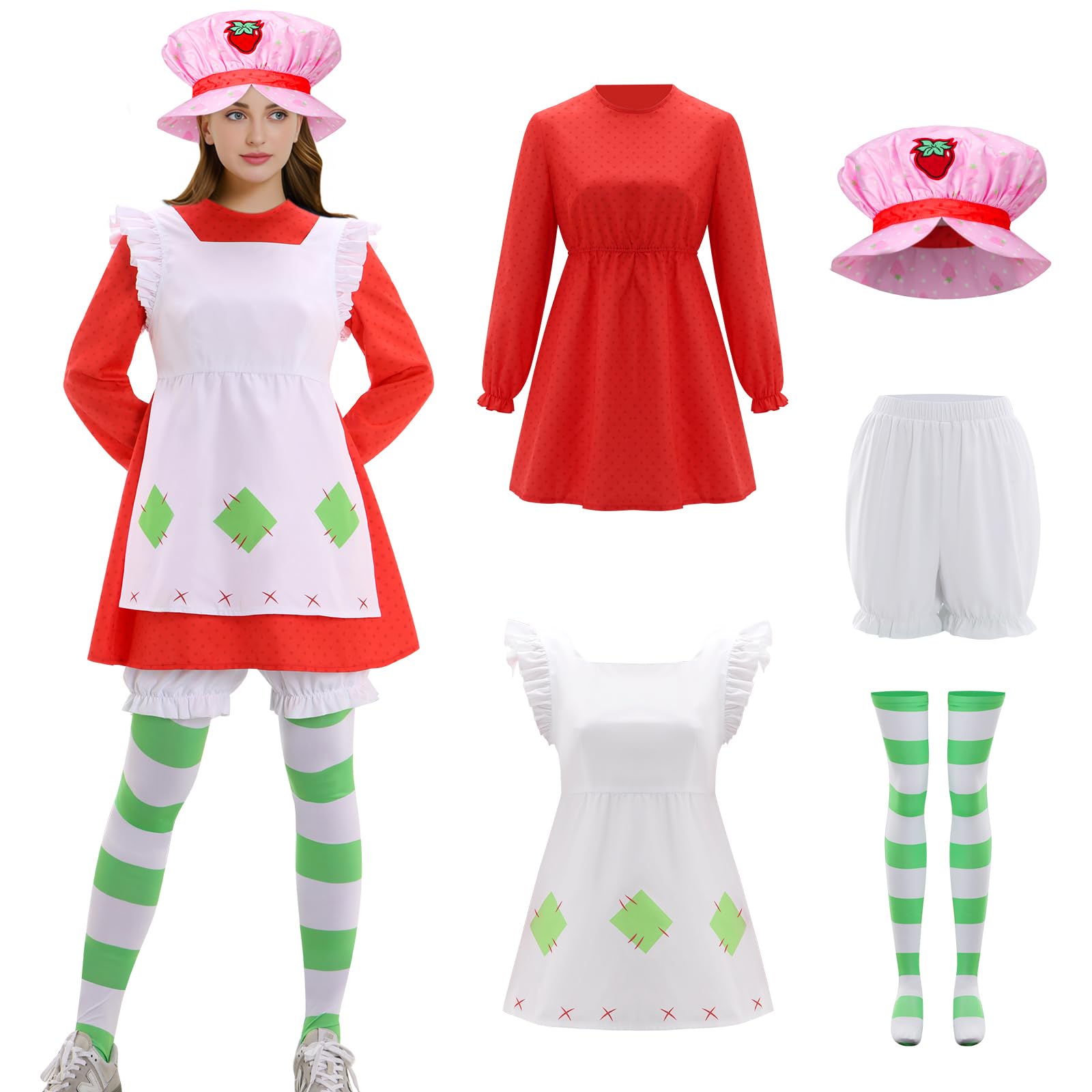 Photo 1 of Agecika Women Strawberry Girls Costume Red Dress Apron Hat Stockings Outfit Halloween Party Cosplay Full Set (X-Large)