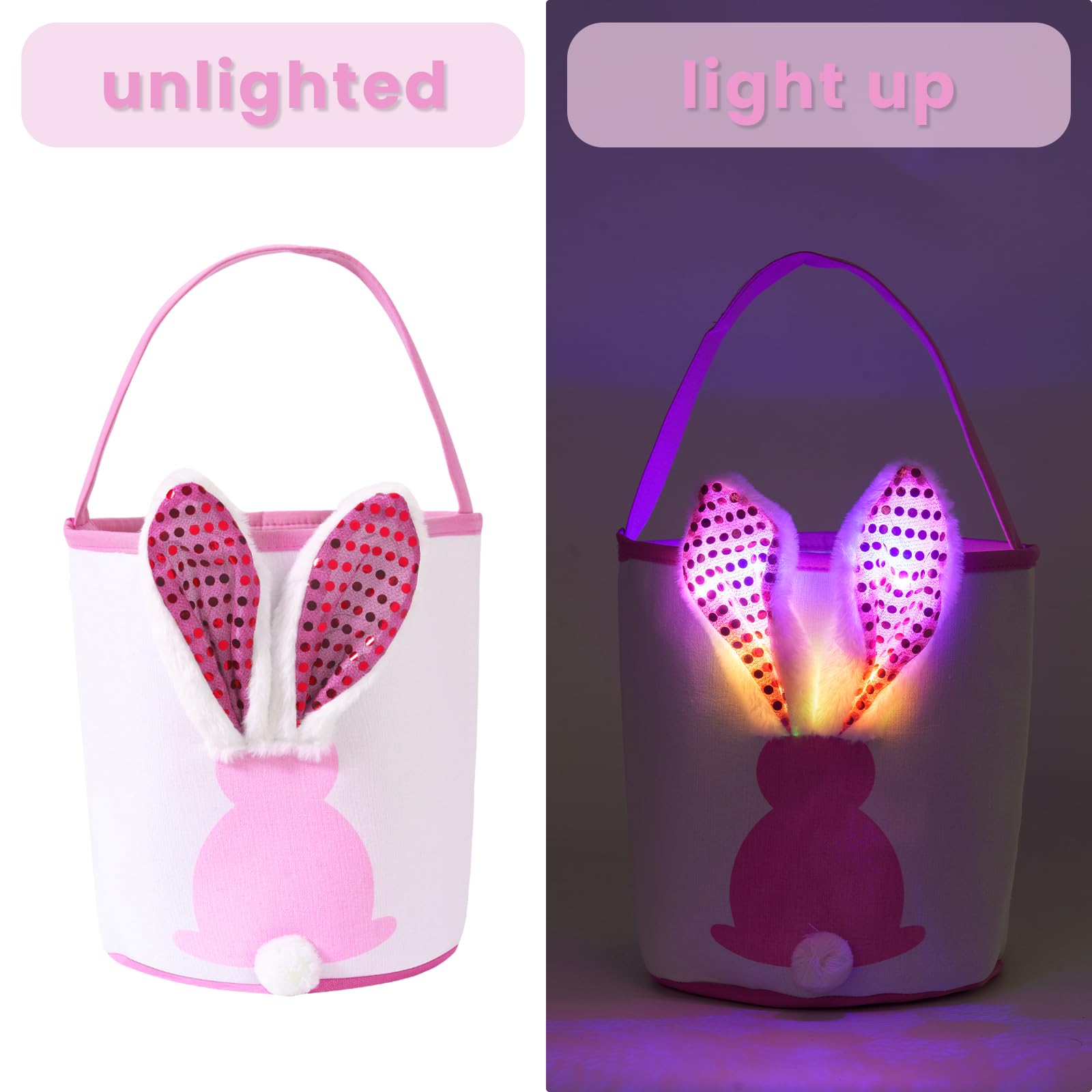 Easter Bunny Baskets Empty with Lights, Large Easter Egg Hunt Baskets for Kids, Canvas Easter Basket Candy Tote Bags with Handles, Easter Decorations Party Supplies (Blue + Pink)
