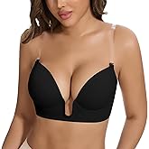 JOYSHAPER Plunge Bras for Women Backless Push Up Bras Low Cut Padded Bras Shaper Convertible with Clear Straps Dress Bra