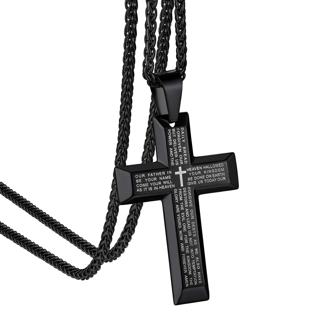 GoldChic Cross Necklace for Men Women Black Stainless Steel Lord's Prayer Crucifix Pendant Chains Christian Irish Religious Nun Priest Monk Jewellery Gifts