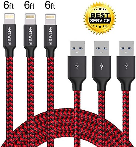 ANTAOLE iPhone Charger, 3PACK 6Feet Nylon Braided Charging Cable Cord Lightning to USB Cable Charger for iPhone X / 8 / 7 / 6 / 6s / plus / 5c / 5s / SE, iPod, iPad, IOS11 and More (Red)