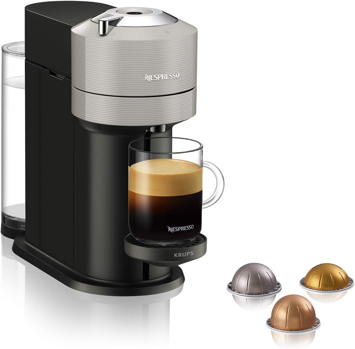 Nespresso Vertuo Next Automatic Pod coffee machine for Americano Decaf, Espresso by Krups in Grey, Vertuo Next Light Grey