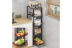 CarolynDesign Metal Wire Baskets with Wheels, Kitchen Storage Stackable Vegetable Fruit Cart Bins with Pull Out Wooden Handel