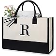 TOPDesign Embroidery Initial Canvas Tote Bag, Personalized Present Bag, Suitable for Wedding, Birthday, Beach, Holiday, is a Great Gift for Women, Mom, Teachers, Friends, Bridesmaids (Letter R)