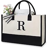 TOPDesign Personalized Initial Canvas Beach Bag, Monogrammed Gift Tote Bag for Women