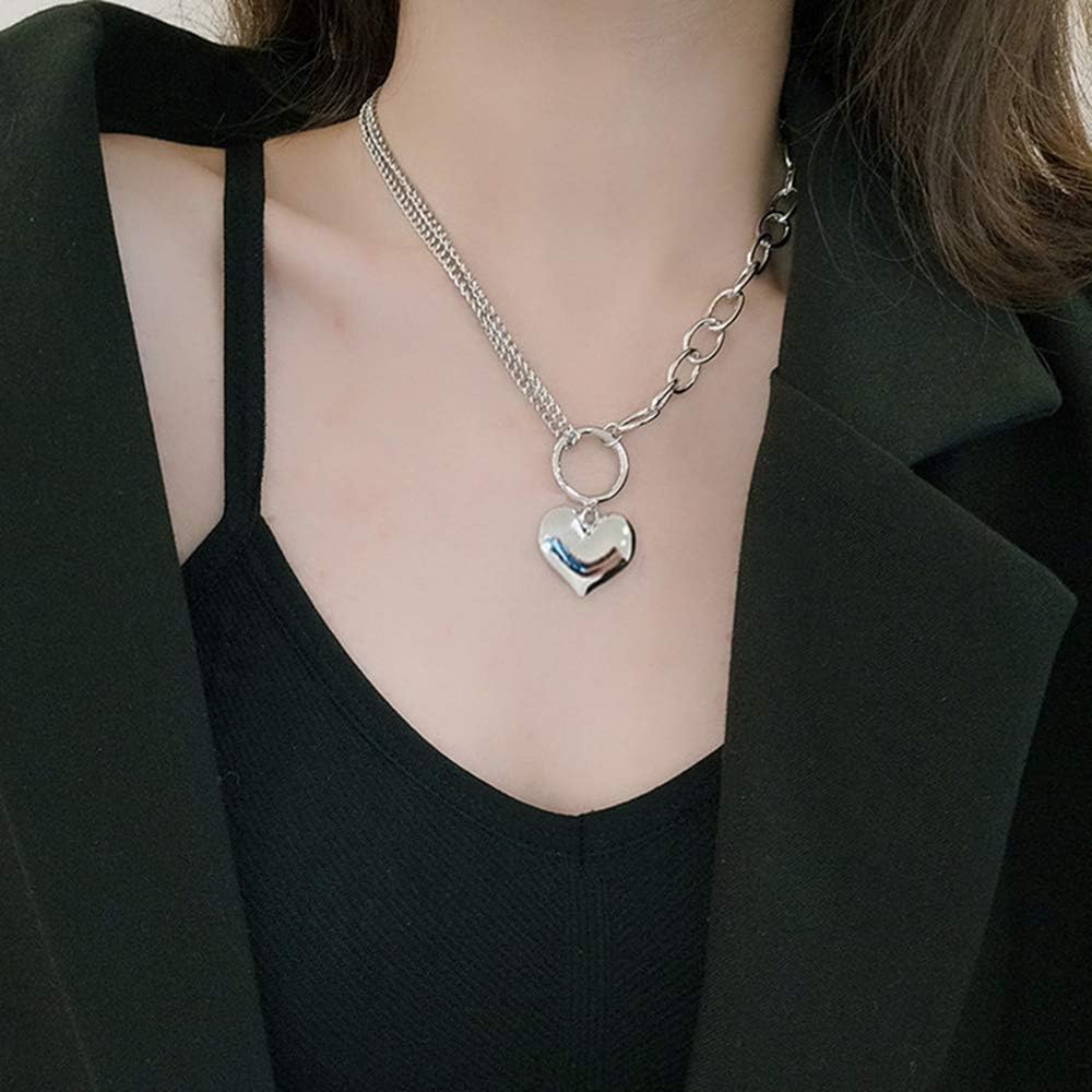 Huture Punk Rapper Style Necklace Jewelry Love Heart Shaped Pendant Retro Asymmetry Choker Collar Chain Necklace Locket Simple Shaped Plain Fine Gift for Women Teens Girls Charm, Silver : Clothing