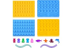 CAKETIME Gummy Bear Mold Candy Molds - Chocolate Molds Including Bears, Frogs, Lions, Monkeys, Penguins, Worms, Starfishs, Dolphins, Octopus, Sharks Sea Mold BPA Free Set of 4 Silicone Molds