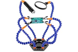 CHANSEON Helping Hand Soldering Third Hands Vise with 6 Flexible Arms LED Flashlight Magnifying Glass Aluminum Base for Soldering, Assembly, Repair, Modeling, Hobby, Crafts, Jewelry Making (Blue)