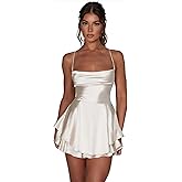 AGYMNX Women Sexy Spaghetti Strap Satin Dress Sleeveless Low Cut Backless Short Romper Dress Party Jumpsuit Mini Sundress