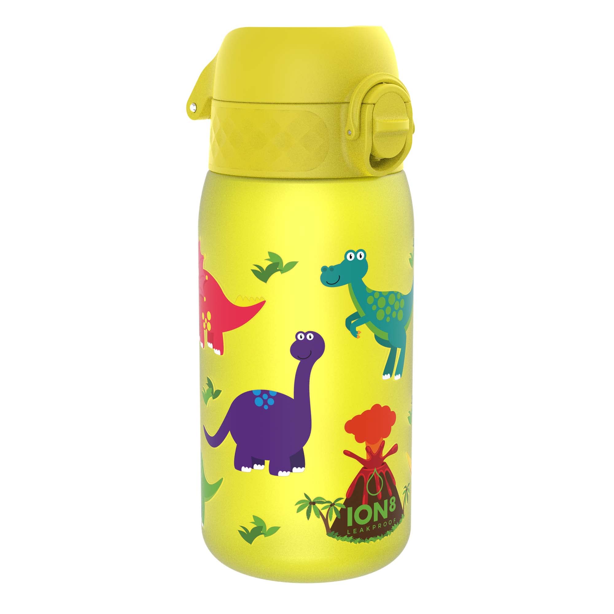 Ion8 Kids Water Bottle, 350 ml/12 oz, Leak Proof, Easy to Open, Secure Lock, Dishwasher Safe, BPA Free, Carry Handle, Hygienic Flip Cover, Easy Clean, Odour Free, Carbon Neutral, Dinosaur