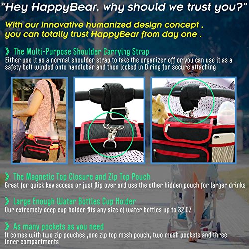 Universal Stroller Organizer Bag with Deep Cup Holders - Large Stroller Caddy with Carrying Strap & Zip Pouches - Best Stroller Storage Accessories for Double & Umbrella Stroller - Bonus Face Towels - Thumbnail 2