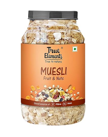 True Elements Muesli Fruit and Nuts 1 kg, High Fibre Multigrain Cereal, No Added Sugar