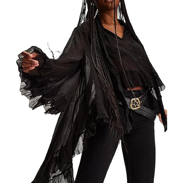 Seyumixi Women Long Bell Sleeve Frill Top See Through Sheer Mesh