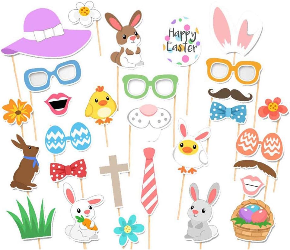 Ouken 29Pcs Easter Themed Photography Props Rabbit Pattern Festival Party Decoration DIY Photo Booth Props.