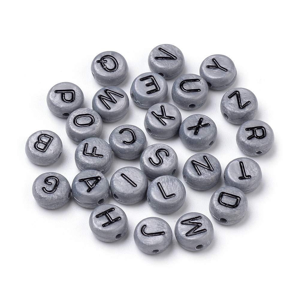 Beadthoven 200pcs Flat Round Acrylic Alphabet Beads Round Letter Loose Spacer Beads Black Initials 7x4mm Mini Pony Beads Gray Color for Jewelry Making DIY Projects Friendship Name Bracelets