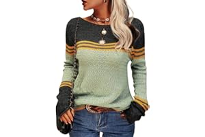 Danedvi Women Autumn Winter Colorblock Pullover Sweaters Round Neck Striped Slim Fitting Knitwear Tops