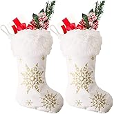 Dehinyen White Christmas Stockings Set of 2, Family Stockings Christmas 18” Large Christmas Stockings with Plush Faux Fur Cuff (Gold Snowflake Embroidery) Giant Xmas Stockings Hanging Stockings