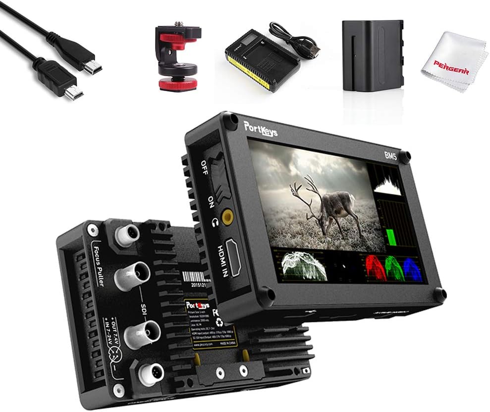 Portkeys BM5 HDMI-SDI 5.2" Touch Screen Monitor 2200 Nits Brightness, Support 3D Luts Loading, Built-in Camera Control Module, w/Cold Shoe Mount, Battery Kit, Mini USB Cable for Controlling Canon DSLR