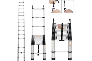 QIMU Telescoping Ladder Aluminum Extension Ladder with Roof Hooks 14FT Portable Telescopic Ladder Collapsible Ladder 2 Detachable Hooks Attic Rv Ladder Multi-Purpose Ladder for Home Outdoor 330lb Load