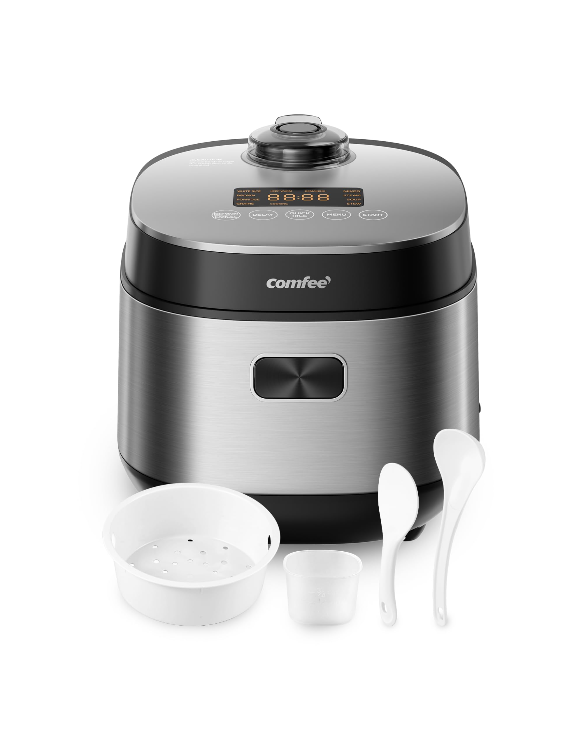 COMFEE' Compact Rice Cooker 8 Cups Cooked/4 Cups Uncooked, 9-in-1 Multi Cooker, Fast Rice Maker, Steam, Brown Rice, Grains, Fuzzy Logic Technology, Grey Image