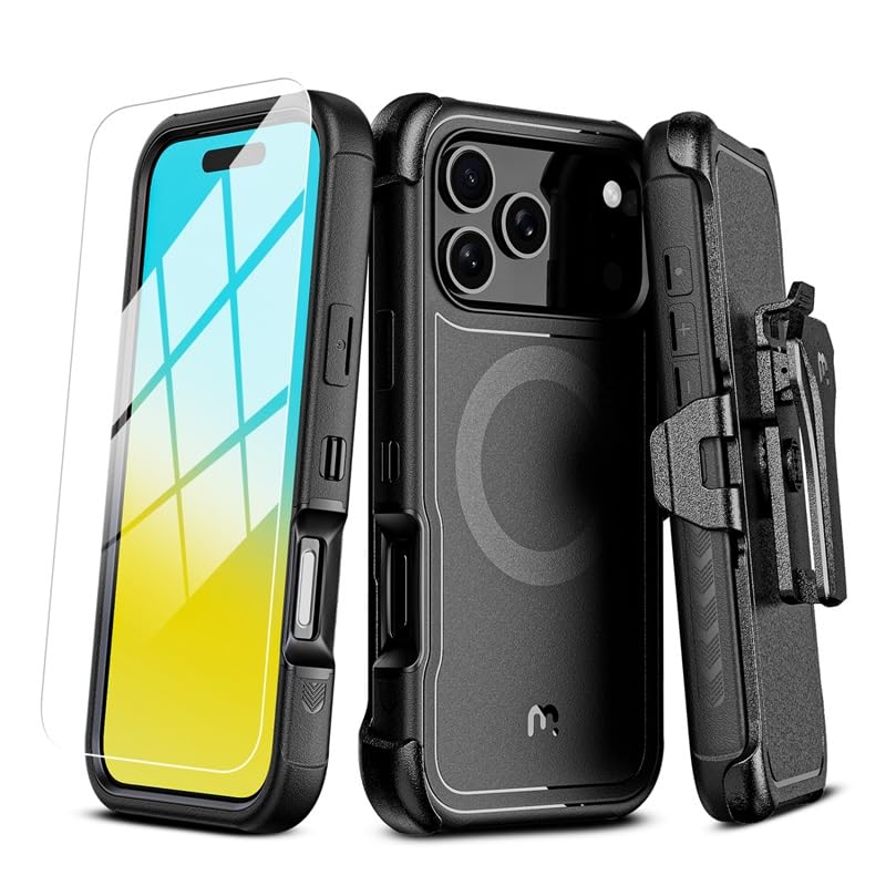 M MYBAT PRO for iPhone 17 Pro Case with Belt Clip Holster,[Compatible with Magsafe] w/Screen Protector,Anti-Drop,Shockproof,w 360°Rotating Kickstand,Heavy Duty Protection (Black)