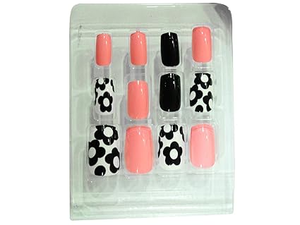 AyA Fashion Self adhesive/Pre-Glued Professional Quality Pre-Designed Pink, Black and White False Nails | French Long Artificial Fake Nail | Set of 12 pcs