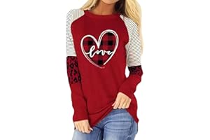 TIXOM Women's Valentine's Day T-Shirt Leopard Stripe Splicing Sleeve Raglans Shirt Love Heart Printed Buffalo Plaid Graphic Tees
