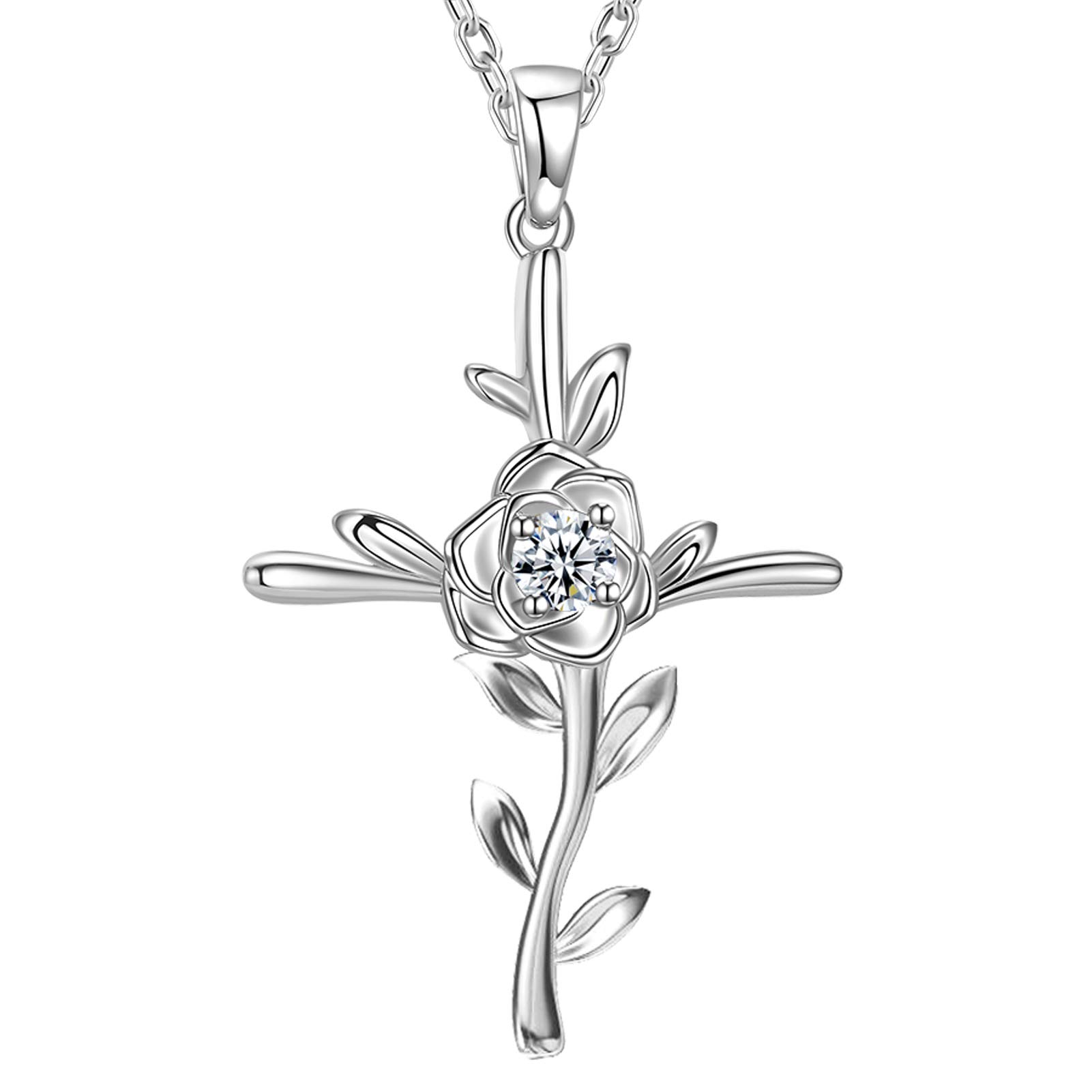 GinoMay Mothers Day Necklace Gifts Birthday Women April Birthstone Jewellery Mum Wife Love Rose Flower Hope Leaves Jewellery Sterling Silver