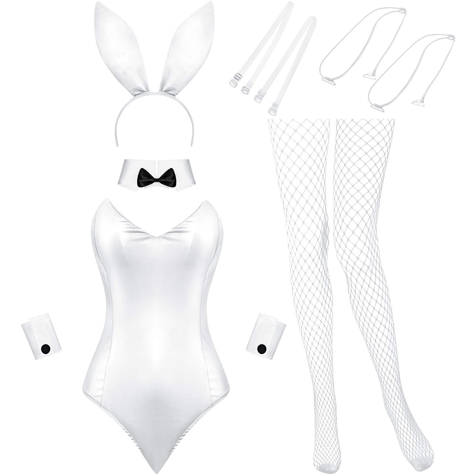 Geyoga Anime Women Bunny Costume Bunny Outfit Halloween Cosplay Bodysuit Role Costume Bunny Headband Stocking Set(Small,White)