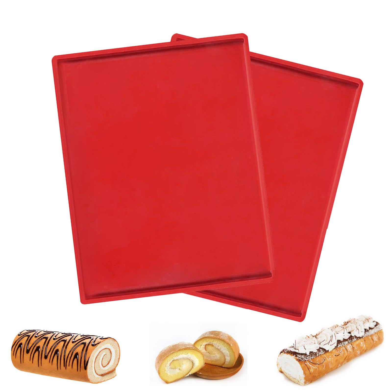 Swiss Roll Baking Tray, 2 PCS Non-Stick Silicone Baking Mat Swiss Roll Tin for Cooking, Bread, Cookies (Red)
