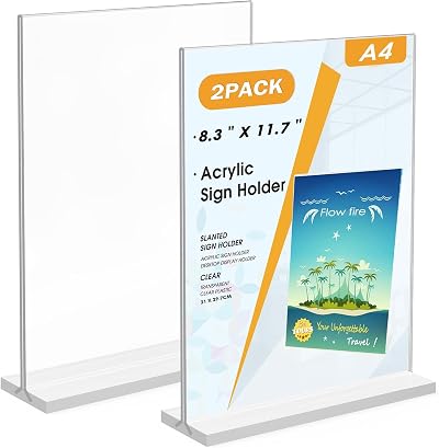 Flow fire A4 Acrylic Sign Holder 2 Pack T-Shape Double-Sided Clear Perspex