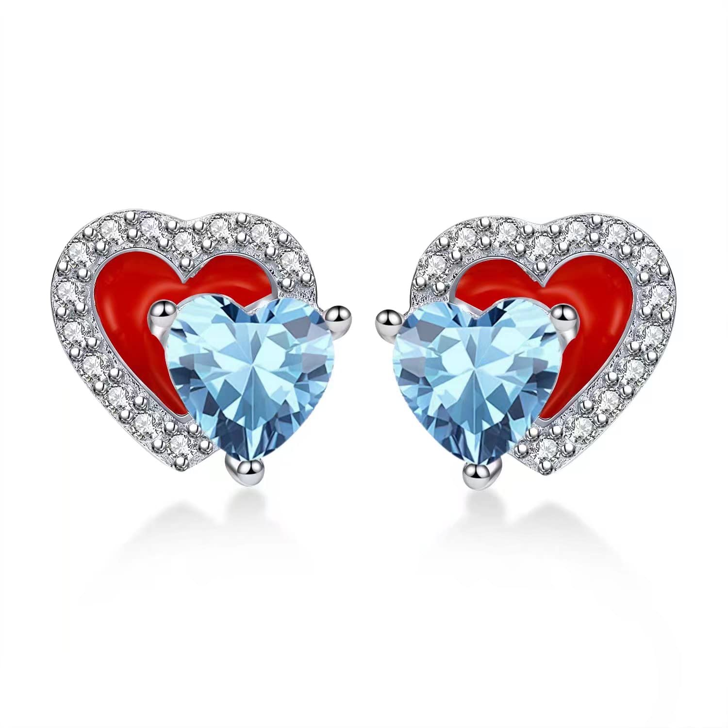 Qings March Aquamarine Birthstone Stud Earrings Heart to Heart Enamel Red Light Blue Gemstone Cubic Zirconia 925 Sterling Silver Double Heart Present for Her