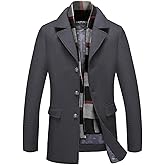 INVACHI Mens Wool Blend Coat Winter Trench Coat with Detachable Soft Scarf Single Breasted Overcoat