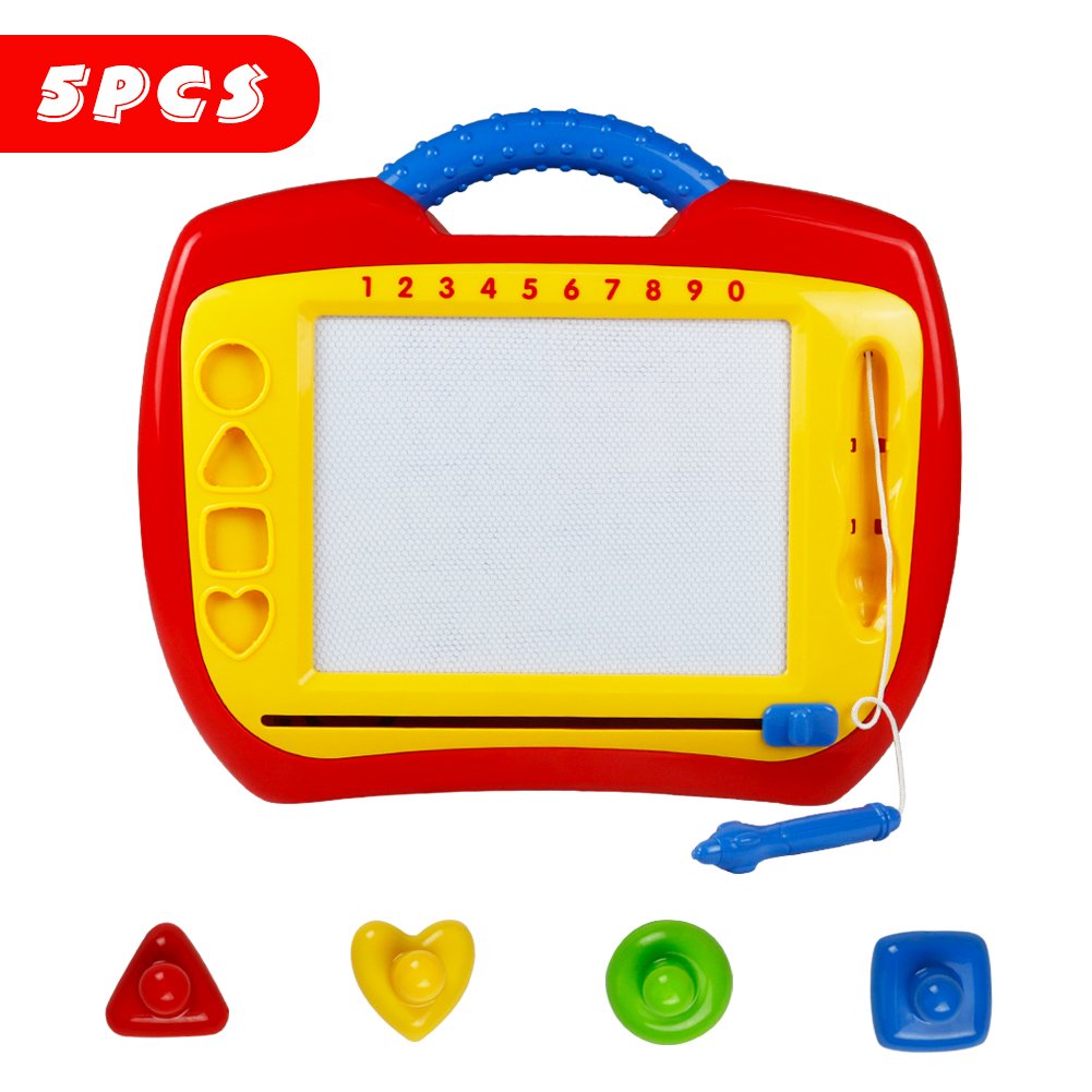 Magnetic Drawing Board Plastic Doodle Sketch Erasable Scribbler with Four Colorful Shape Stamps for Boys Girls Kids Children