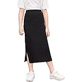Milumia Girl's Rib Knit Split Thigh Long Skirt Elastic Waist Solid Pencil Skirts