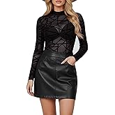 BemorRun Floral Mesh Long Sleeve Tops for Women Mock Neck See Through Fitted Sexy Going Out Top