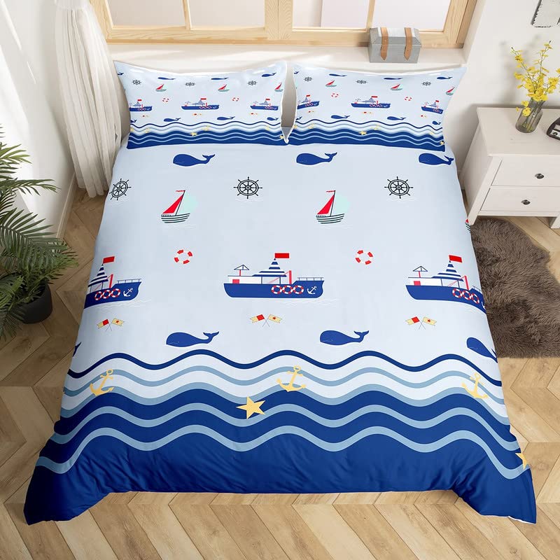 Homemissing Nautical Duvet Cover Sailboat Printed Bedding Set Ocean Themed Comforter Cover for Boys Girls Kids Sea Adventure Bedspread Cover Single With 1 Pillow Case — image 1
